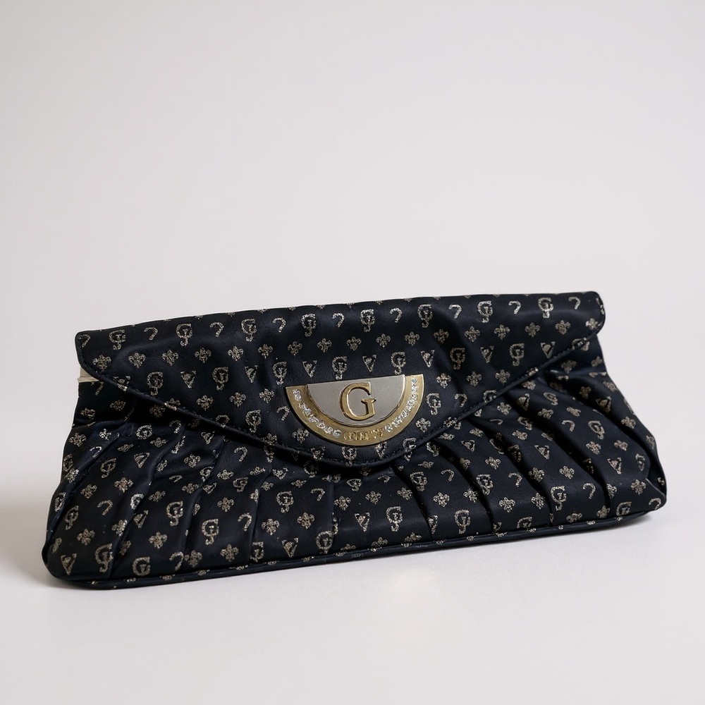 Guess Black Monogram Satin Clutch w/ Rhinestone Logo Plate Y2K Gold Logo